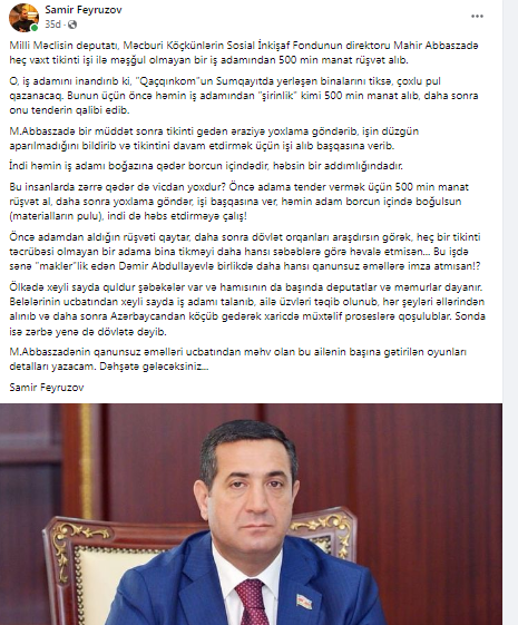 "Mahir Abbaszadə yarım milyon manat rüşvət alıb"- ŞOK İDDİA