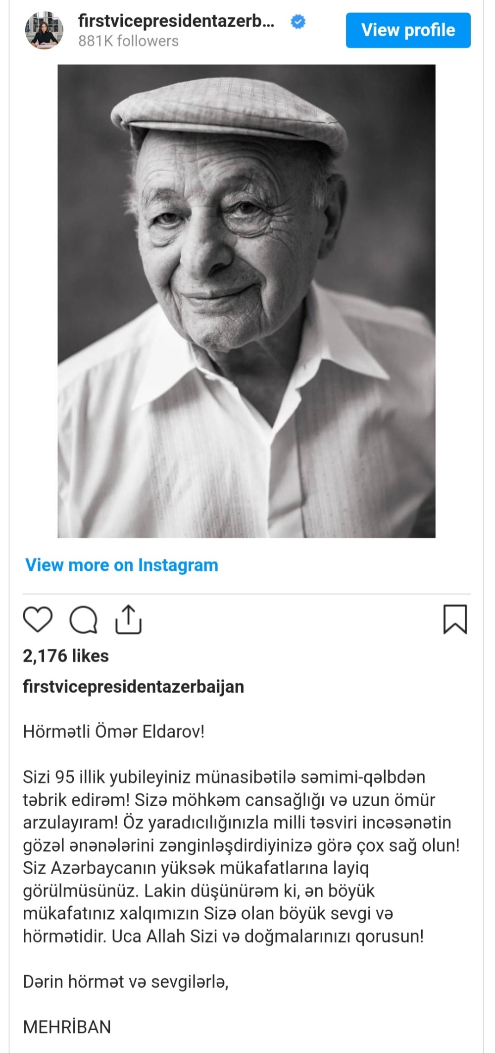 Mehriban Əliyevadan Ömər Eldarovla bağlıpaylaşım