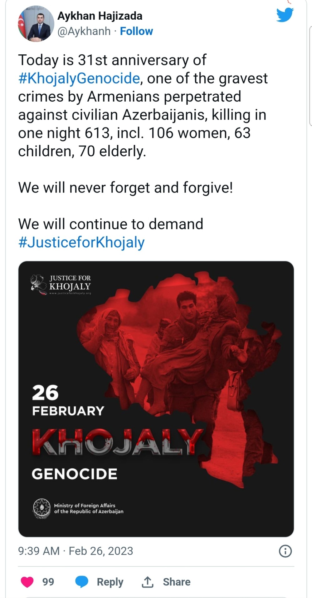 "Biz Xocalıya ədalət tələb etməyə davam edəcəyik” -XİN