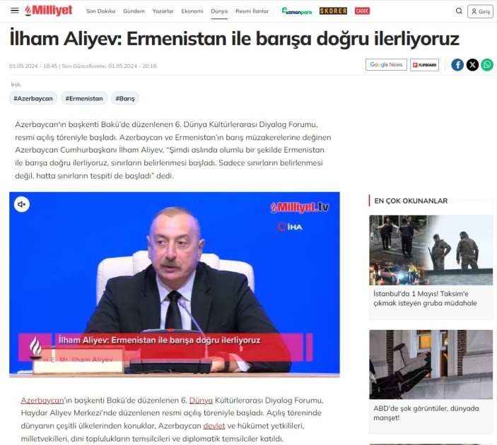 Türkiyə mediası İlham Əliyevin Forumdakı açıqlamalarından yazdı(FOTOLAR)