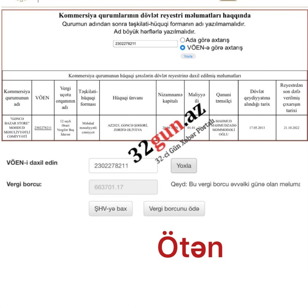 “Gəncə Bazar Store” MMC-nin vergi borcu artdı- Ödəməkdən boyun qaçırırlar? (FOTOFAKT)
