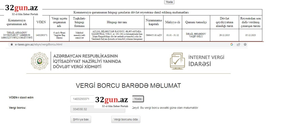 "İsrail Ahmadov İnvestment" MMC-nin külli miqdardavergi borcu üzə çıxdı + 335 min manat / FOTOFAKT