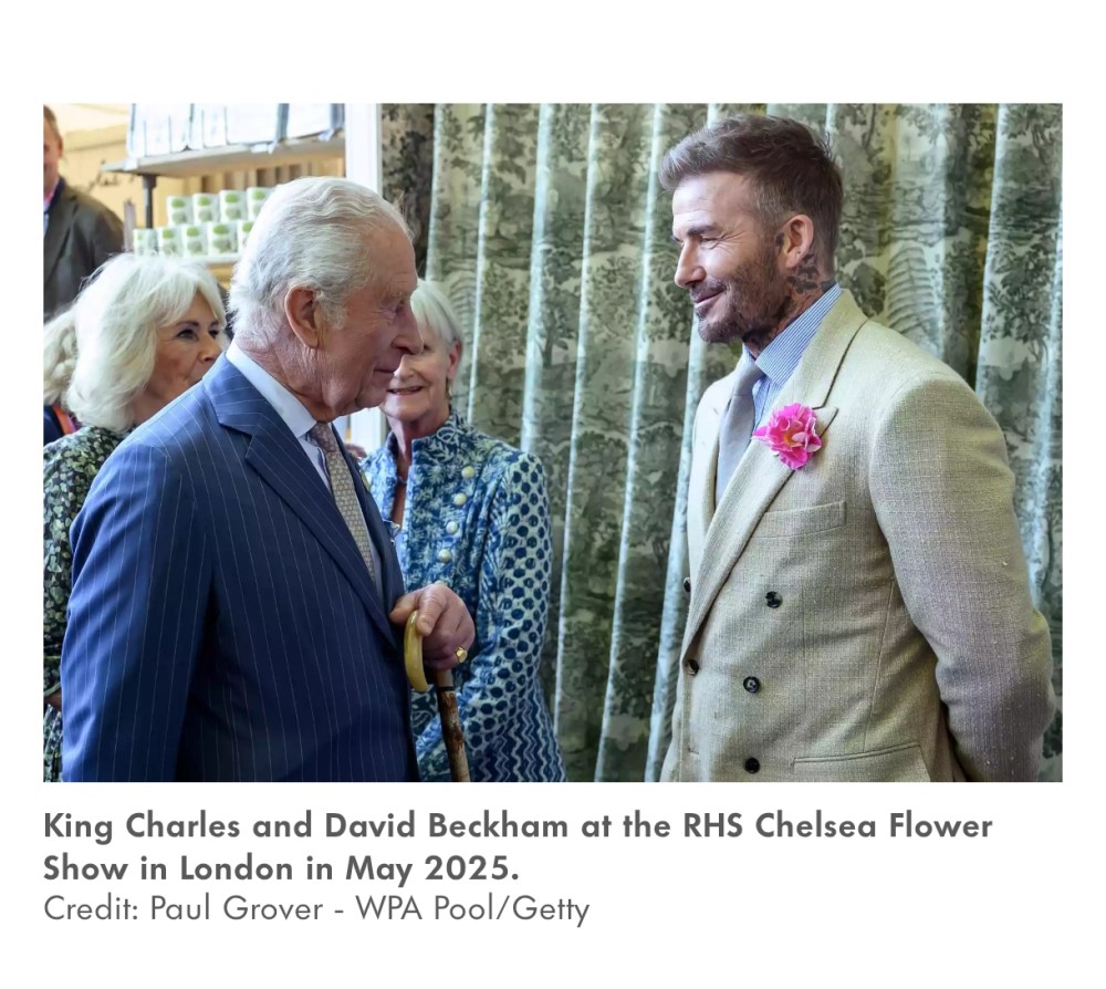 Devid Bekhem kral III Karl və kraliça Kamilla ilə Londonda keçirilən sərgidə görüşdü