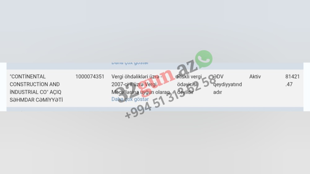 “CONTİNENTAL CONSTRUCTION AND INDUSTRIAL CO” ASC-nin 81 min manatlıq vergi borcu var/ FOTO