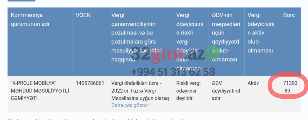 "K-PROJE MOBİLYA" MMC-nin 71 min manatdan çox vergi borcu var/ FOTO