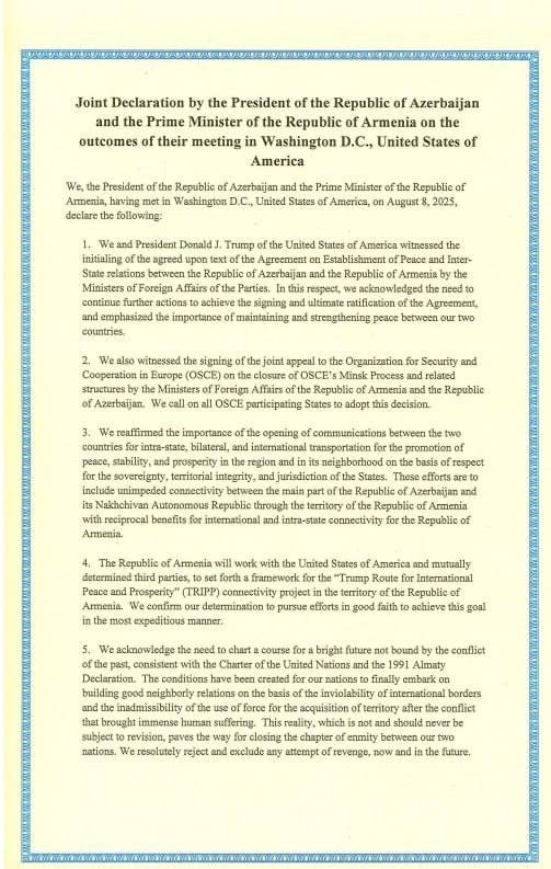 Dövlət Departamenti üçtərəfli görüşdə imzalanmış sənədləri yaydı -FOTOLAR