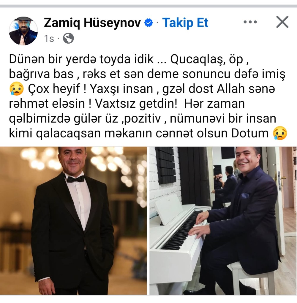 "Dünən bir yerdə toyda idik..." +Zamiq Hüseynovdan Cabir İmanovla bağlı paylaşım