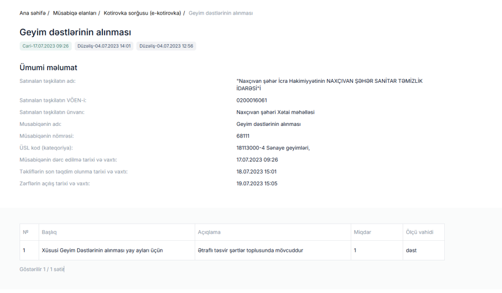 Naxçıvanda Sanitar Təmizlik İdarəsi üçün 1 dəst geyim alınır- 27 min manata