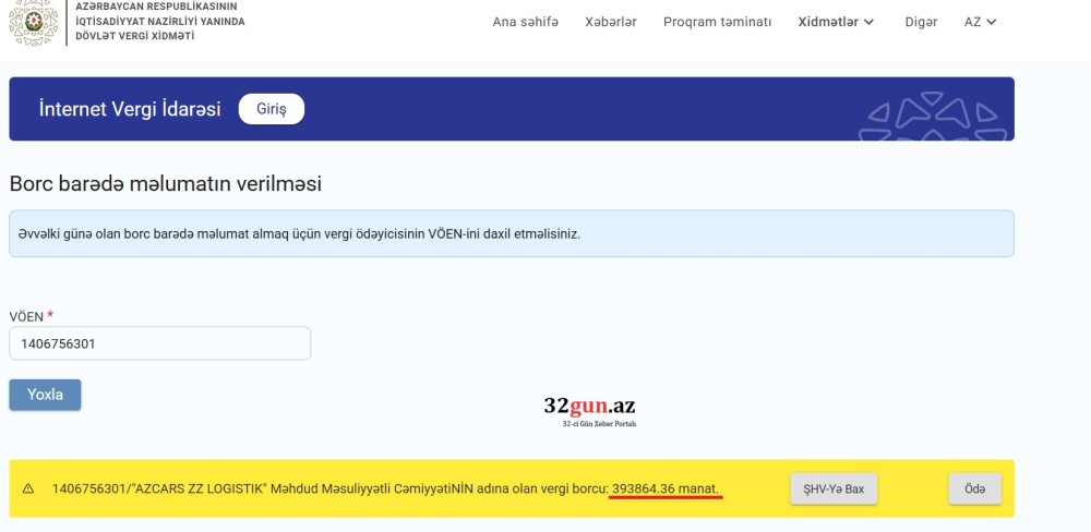 "AZCARS ZZ LOGISTIK" MMC-nin külli miqdarda vergi borcu var- FOTO