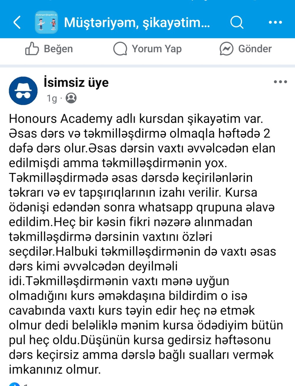 "Honours Academy" kursundan narazılıq: “Dərslərin vaxtını özləri seçir, tələbənin fikri nəzərə alınmır”