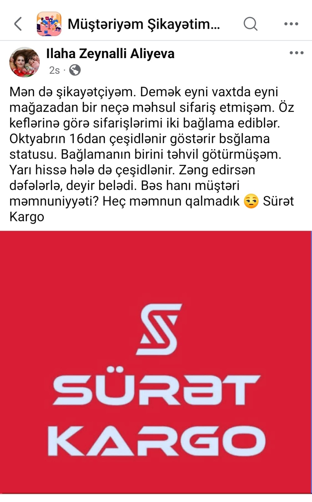 Sürət Kargo ilə bağlama gecikməsi müştərini narazı qoyub