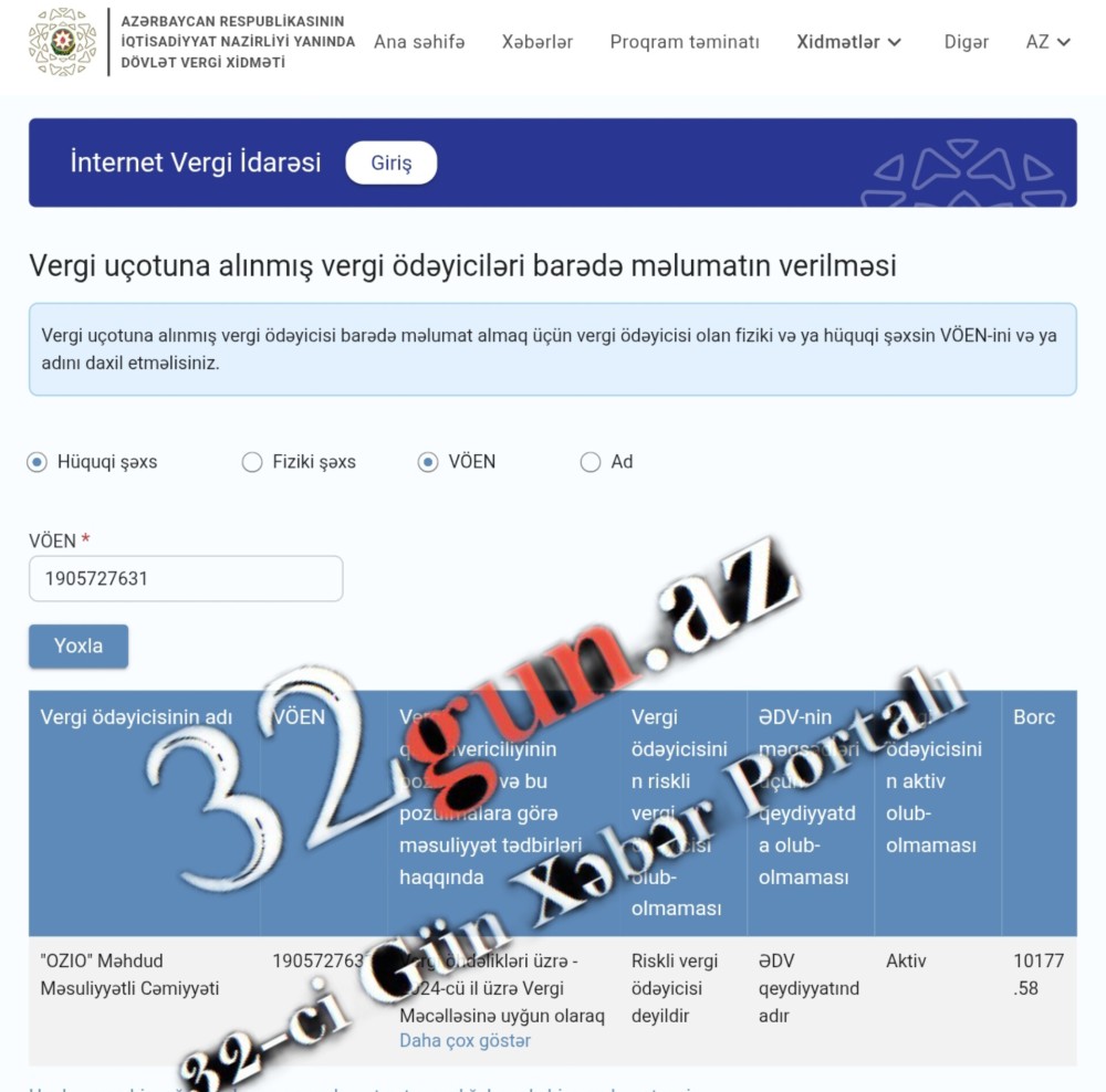 “OZIO” MMC-nin vergi borcu üzə çıxıb – 10 manatlıq kapitala qarşı10 min manat borc / FOTO