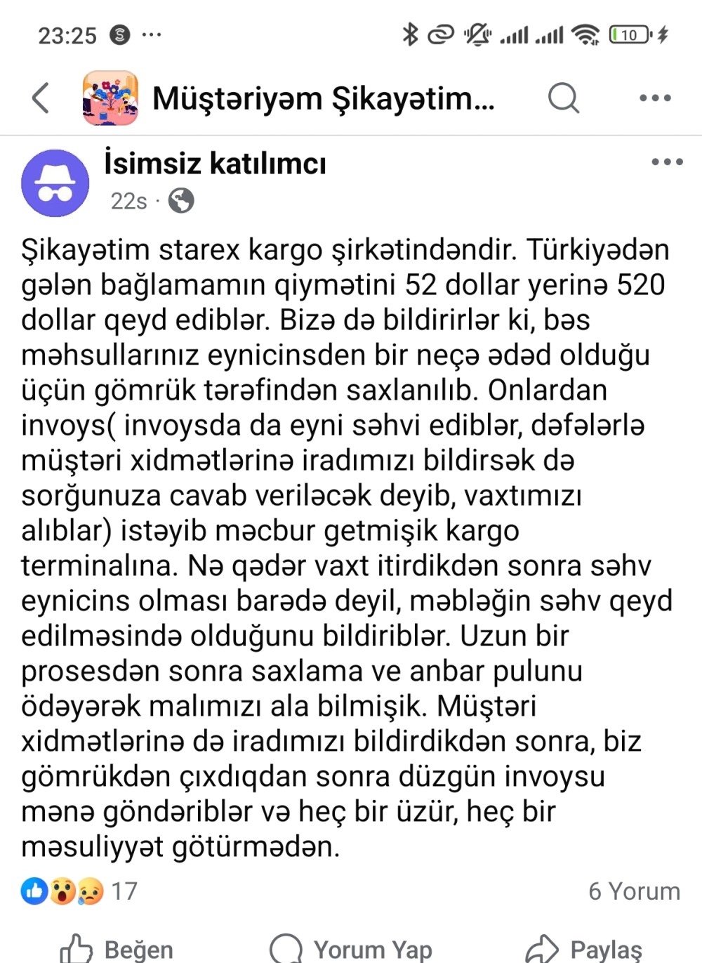 Müştəri "Starex" kargo şirkətindən narazıdır: bağlamanın qiyməti 10 dəfə artıq qeyd edilib