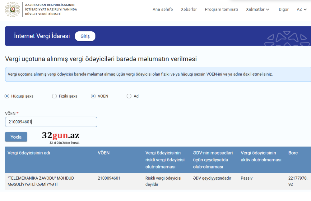 “Telemexanika Zavodu” MMC-nin vergi borcu üzə çıxıb