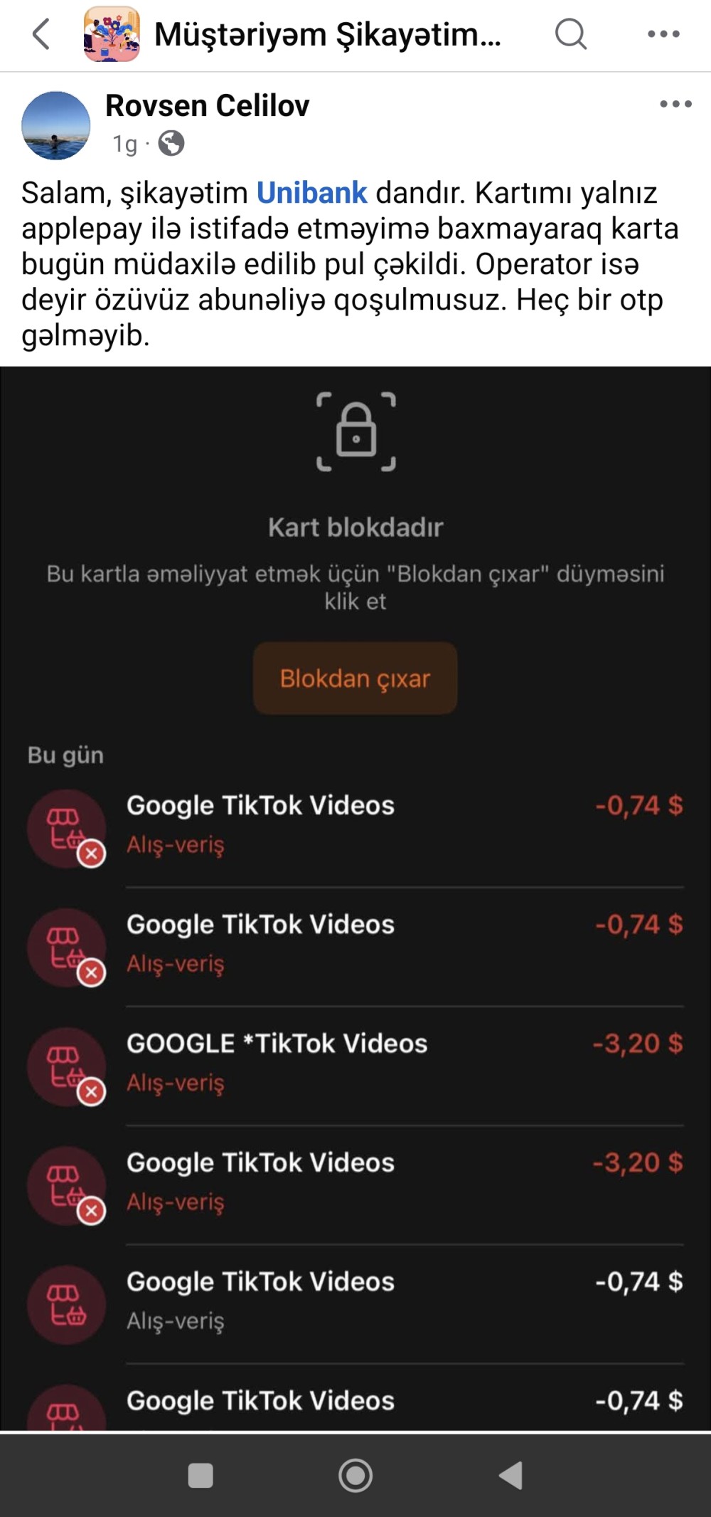 Qəribovun "Unibank"ı müştəriləri narazıdır:“Kartı yalnız Apple Pay-də istifadə edirəm, amma hesabımdan icazəsiz pul çıxılıb”