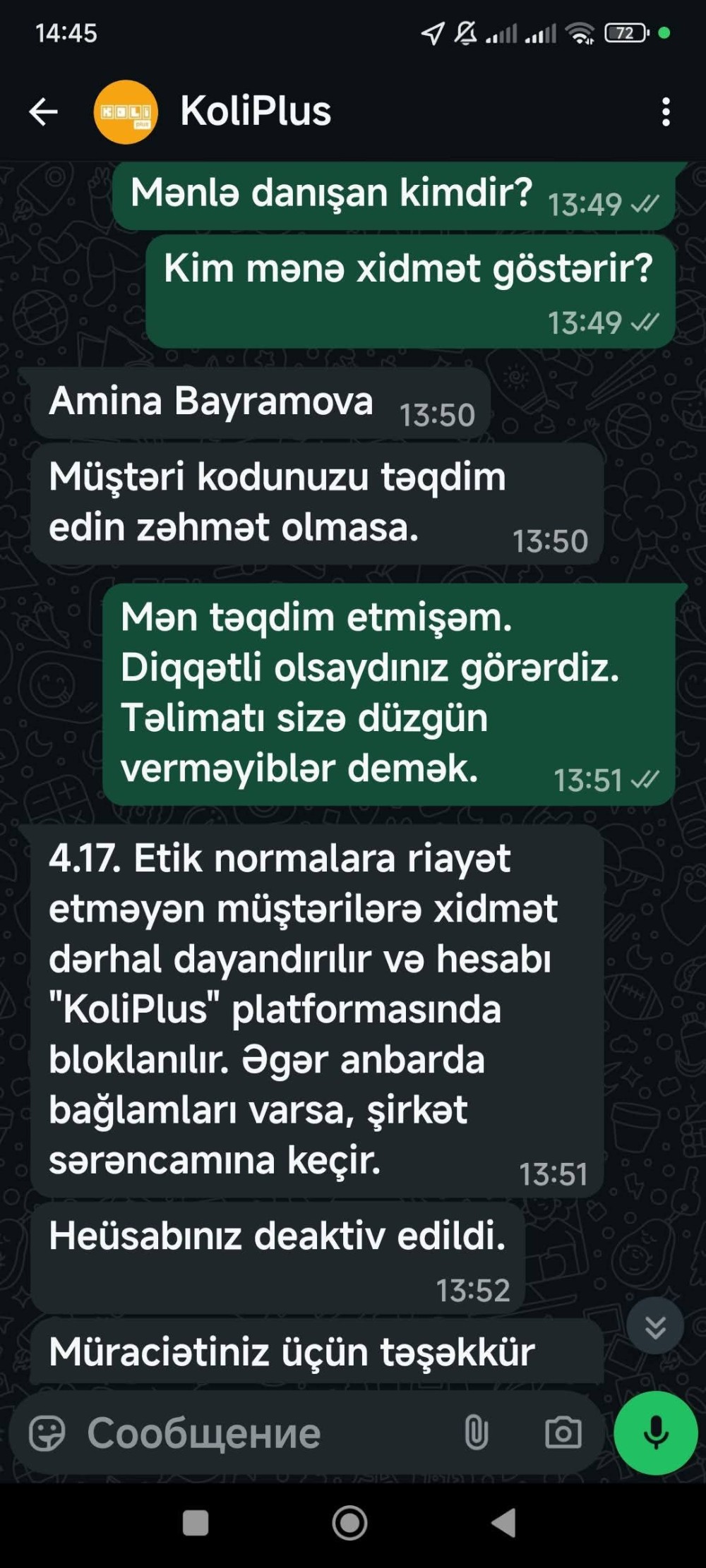 "Koliplus" Müştəri Xidməti “Ay İnsan” Səbəbilə Hesabı Blokladı