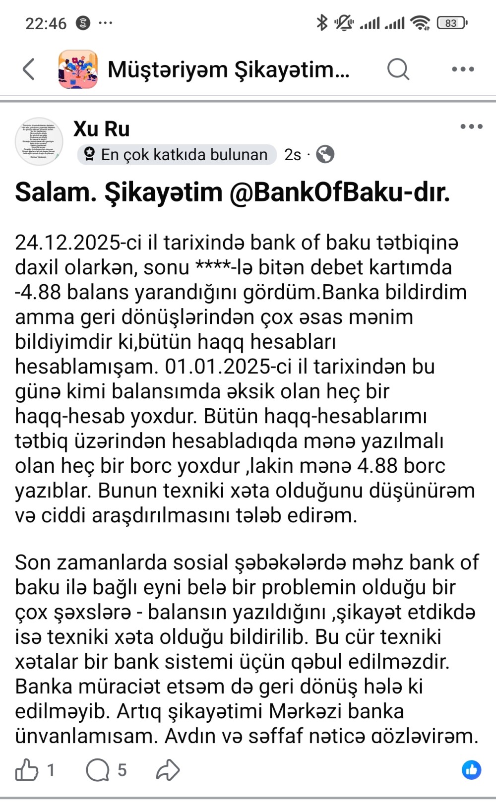 Bank of Baku ilə bağlı şikayət: Müştərinin kart balansında səbəbsiz mənfi məbləğ yaranıb