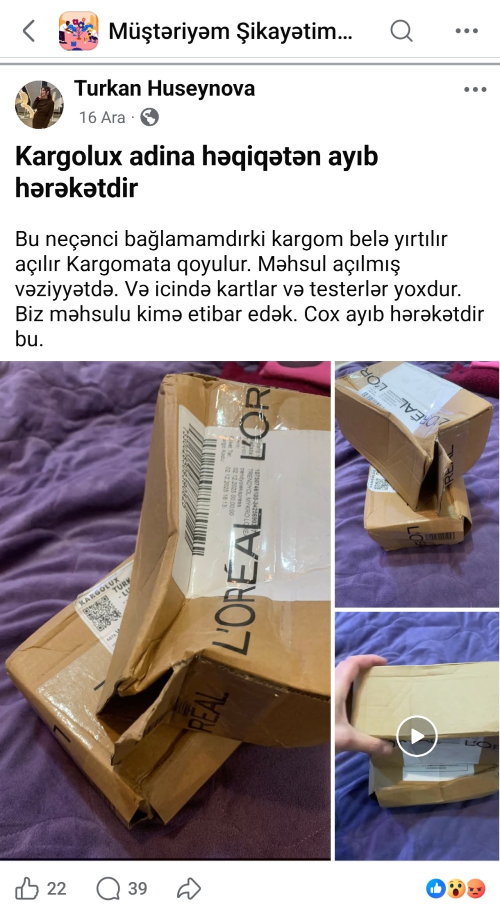 "Kargolux"la bağlı ciddi iddia: Bağlamalar açıq və yararsız vəziyyətdə müştərilərə təqdim olunur