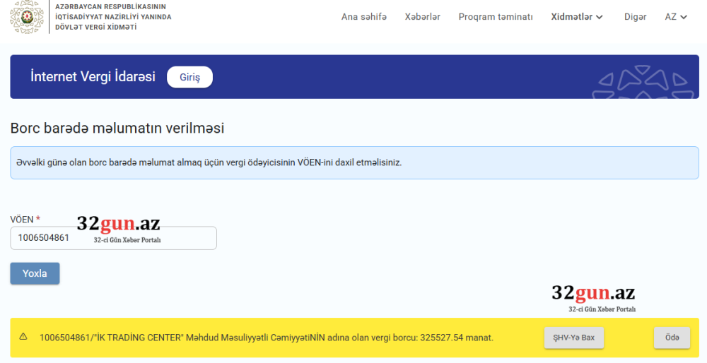 “İK TRADİNG CENTER” MMC-nin  vergi borcu 320 min manatı ötdü